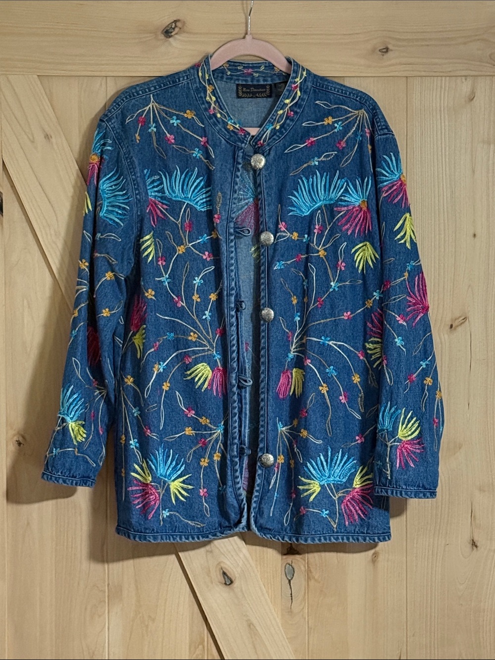 new directions Blue Denim Jacket with Multicolor Floral Embroidery